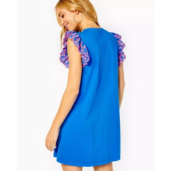 Lilly Pulitzer Ave Mini Dress Pom-Pom Embroidered Flutter Sleeve Blue XXS 282297 - Picture 4 of 11